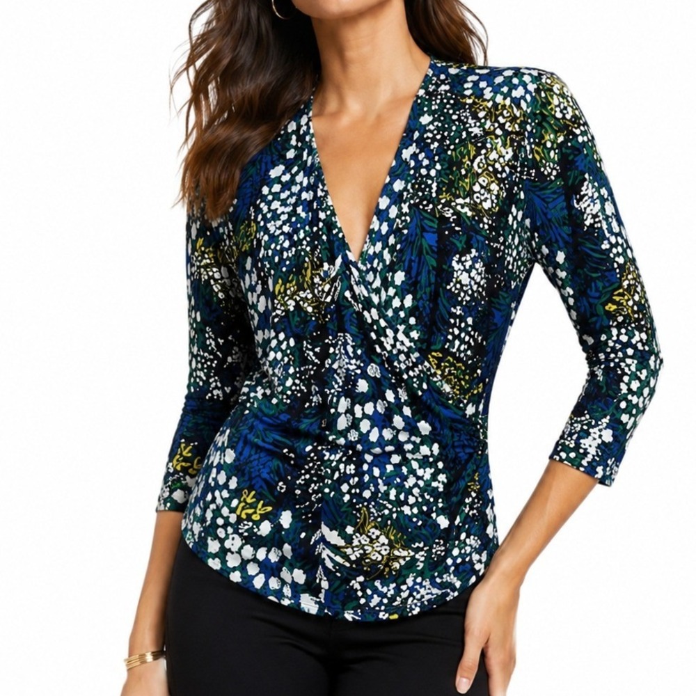 WHBM Womens Blue Floral Surplice Wrap Top 3/4 Sleeve Ruched Blouse Small NEW